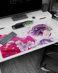 40x20 inches anime desk pad showing a soft-smiling girl with windblown lavender hair in sakura shower.