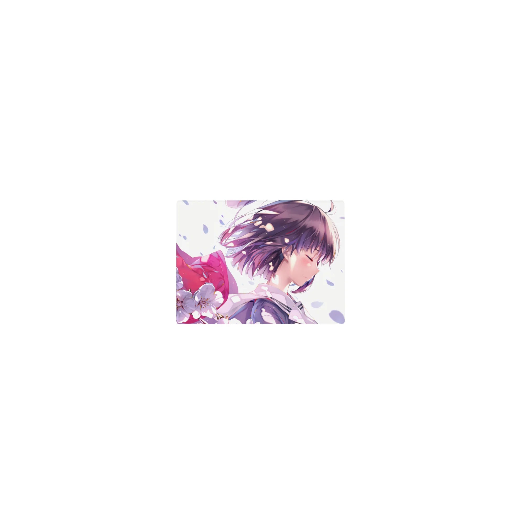 Classic anime girl mouse pad 14x10 inches with lavender hair, pink ribbon, and falling cherry blossoms.