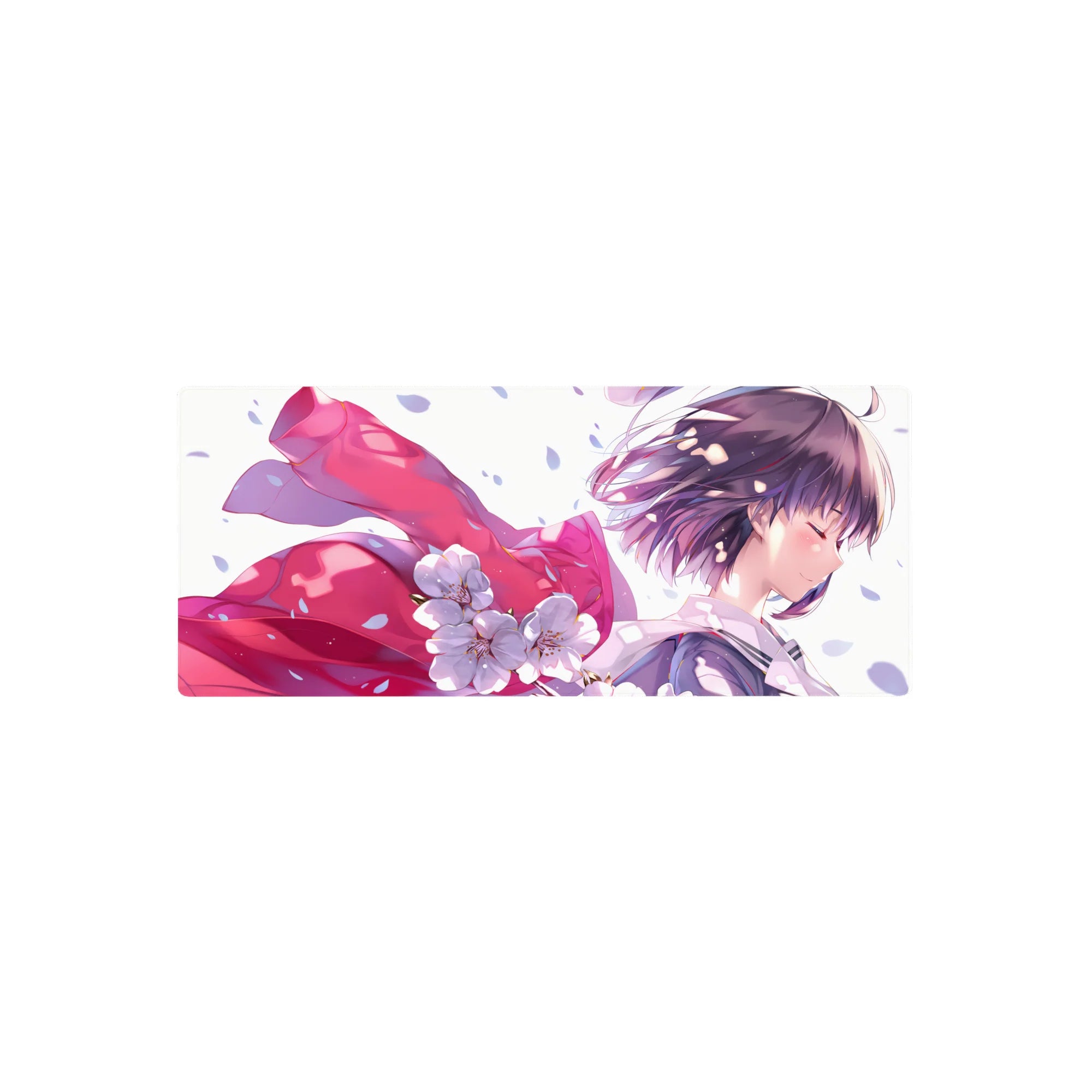 Anime girl mouse pad 28x12 inches with lavender hair, pink ribbon, and cherry blossom petals on white.
