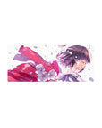 Anime girl mouse pad 28x12 inches with lavender hair, pink ribbon, and cherry blossom petals on white.