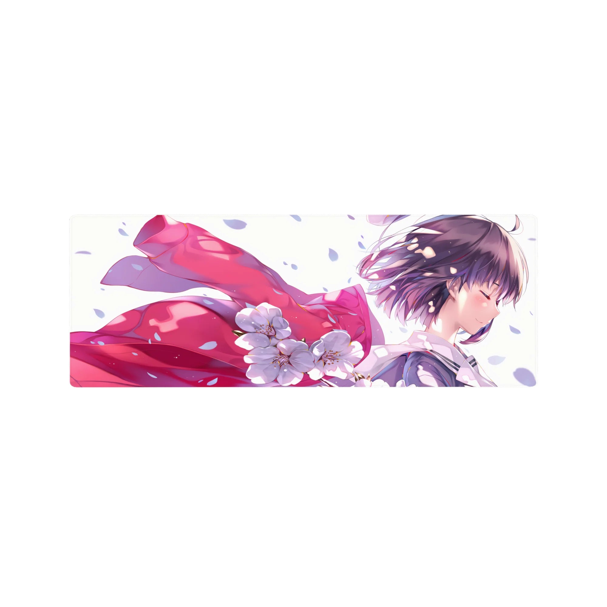 32x12 inches anime girl mouse pad with lavender hair, pink ribbon, and falling cherry blossoms on white sky.