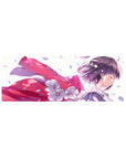 32x12 inches anime girl mouse pad with lavender hair, pink ribbon, and falling cherry blossoms on white sky.