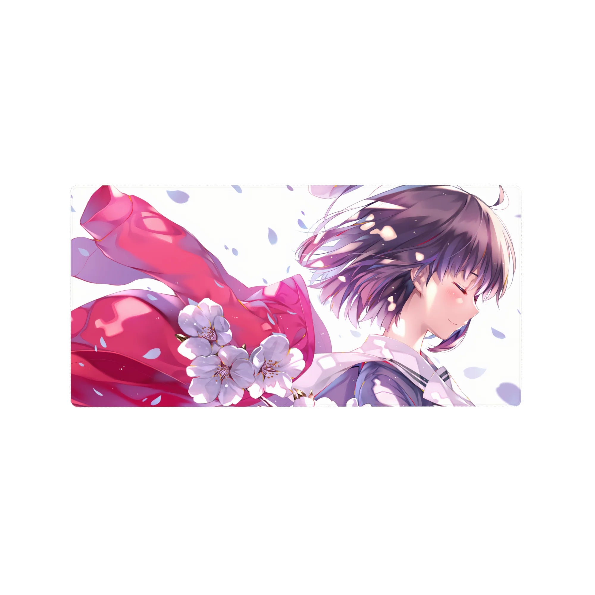 32x16 inches anime girl mouse pad with lavender hair, pink ribbon, and falling cherry blossoms.