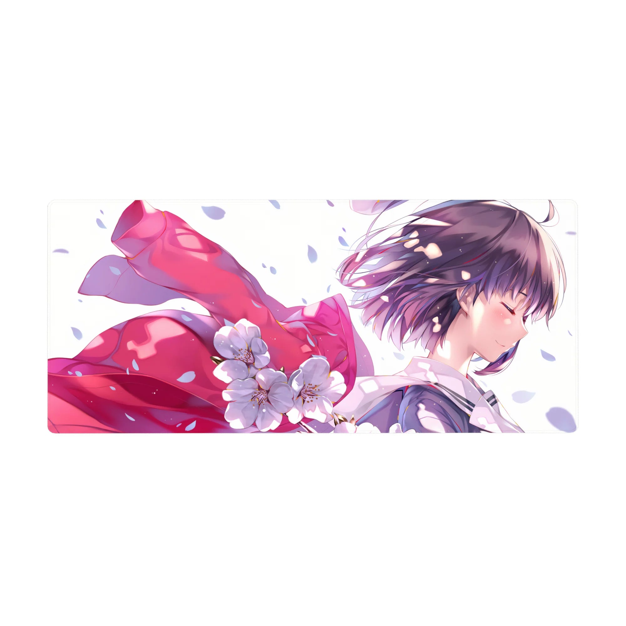 Anime girl desk pad 36x16 inches with lavender hair, pink ribbon, and falling cherry blossoms.