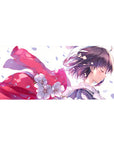 Anime girl desk pad 36x16 inches with lavender hair, pink ribbon, and falling cherry blossoms.