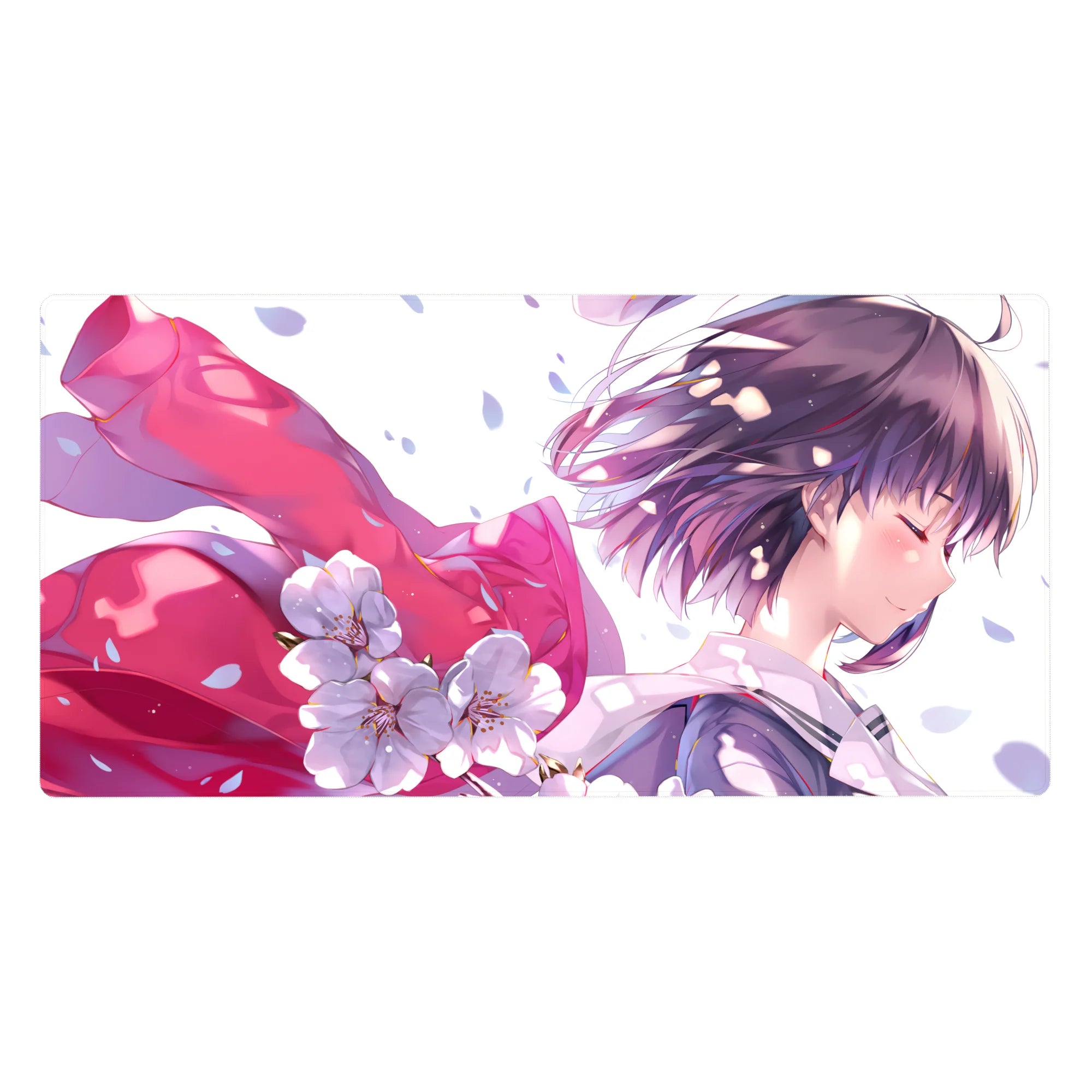40x20 inches anime girl desk pad with lavender hair, pink ribbon, and falling cherry blossoms on white sky.