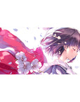 40x20 inches anime girl desk pad with lavender hair, pink ribbon, and falling cherry blossoms on white sky.