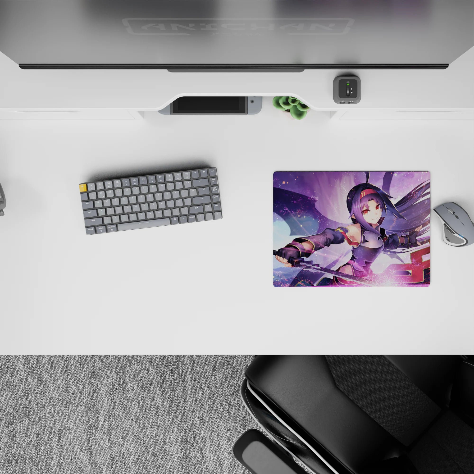 Yuuki from anime on a 14x10 inch mouse pad, vibrant colors with sword slicing through a dreamy sky, lively and dynamic.