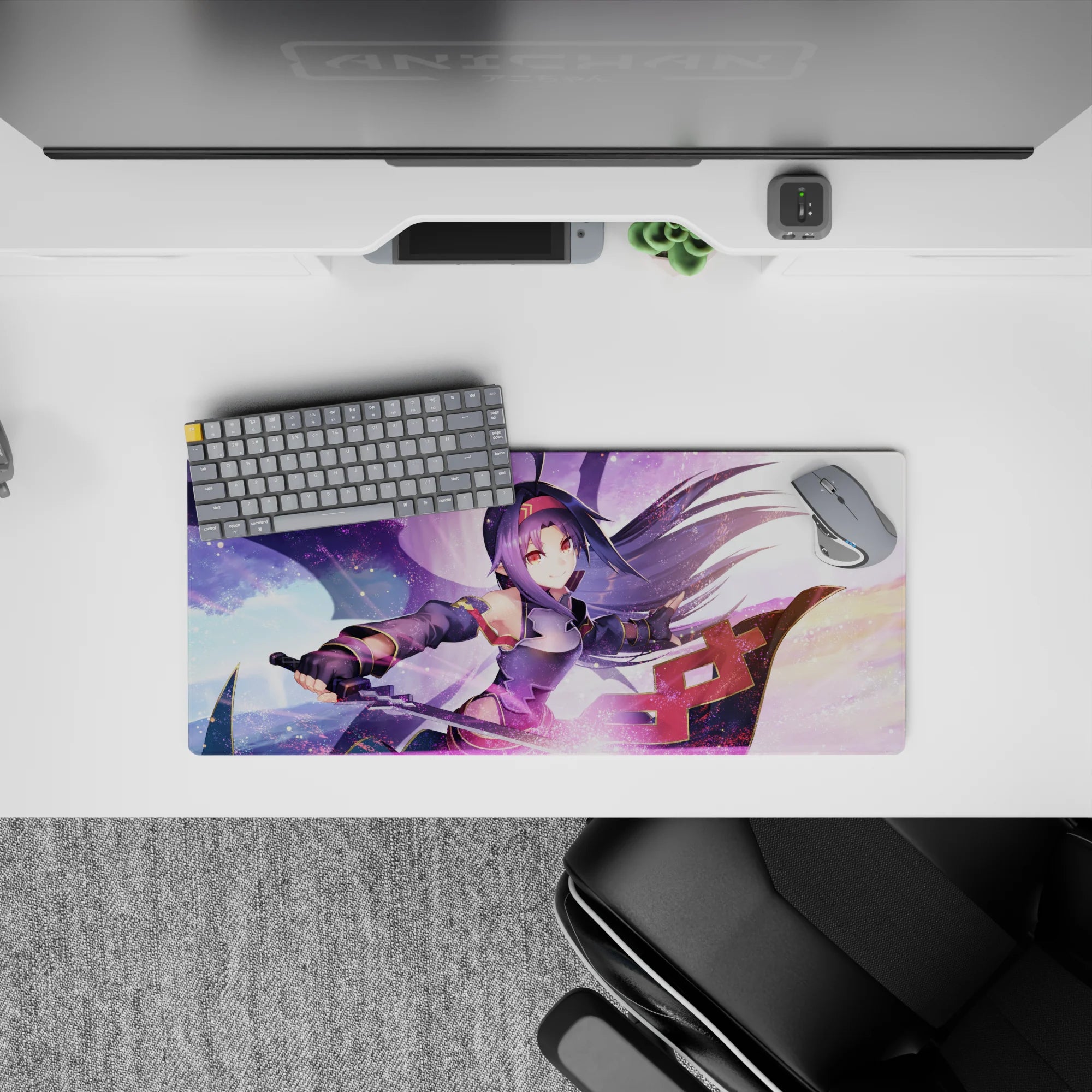 Yuuki from anime on a vibrant 28x12 inch mouse pad with swirling lavender, pink, and gold, wielding her sword through a dreamy sky.