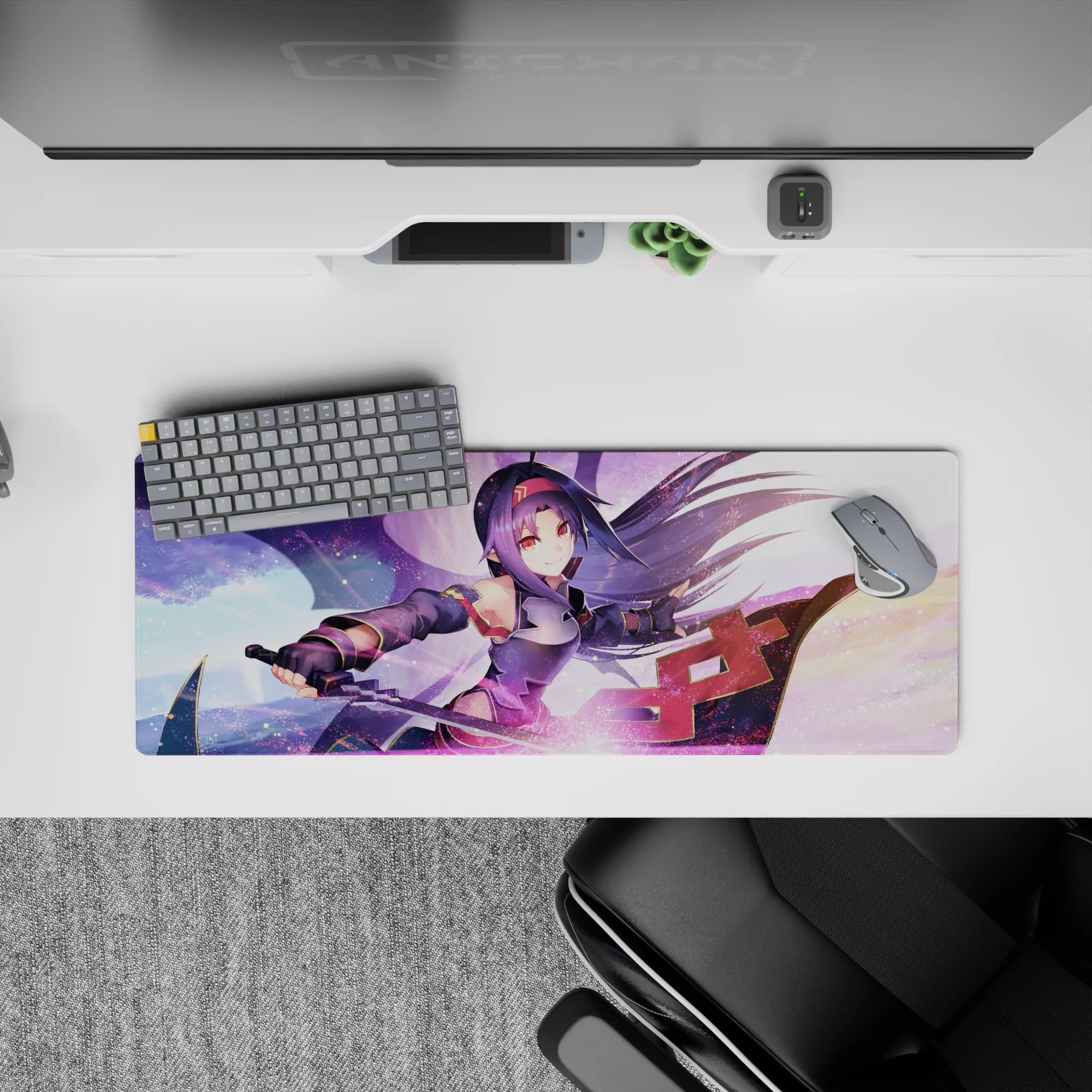 Yuuki-themed anime mouse pad, 32x12 inches, featuring vibrant swirls of lavender, pink, and gold, with a dynamic sword scene.