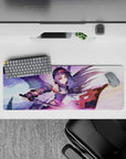 Yuuki-themed anime mouse pad, 32x12 inches, featuring vibrant swirls of lavender, pink, and gold, with a dynamic sword scene.