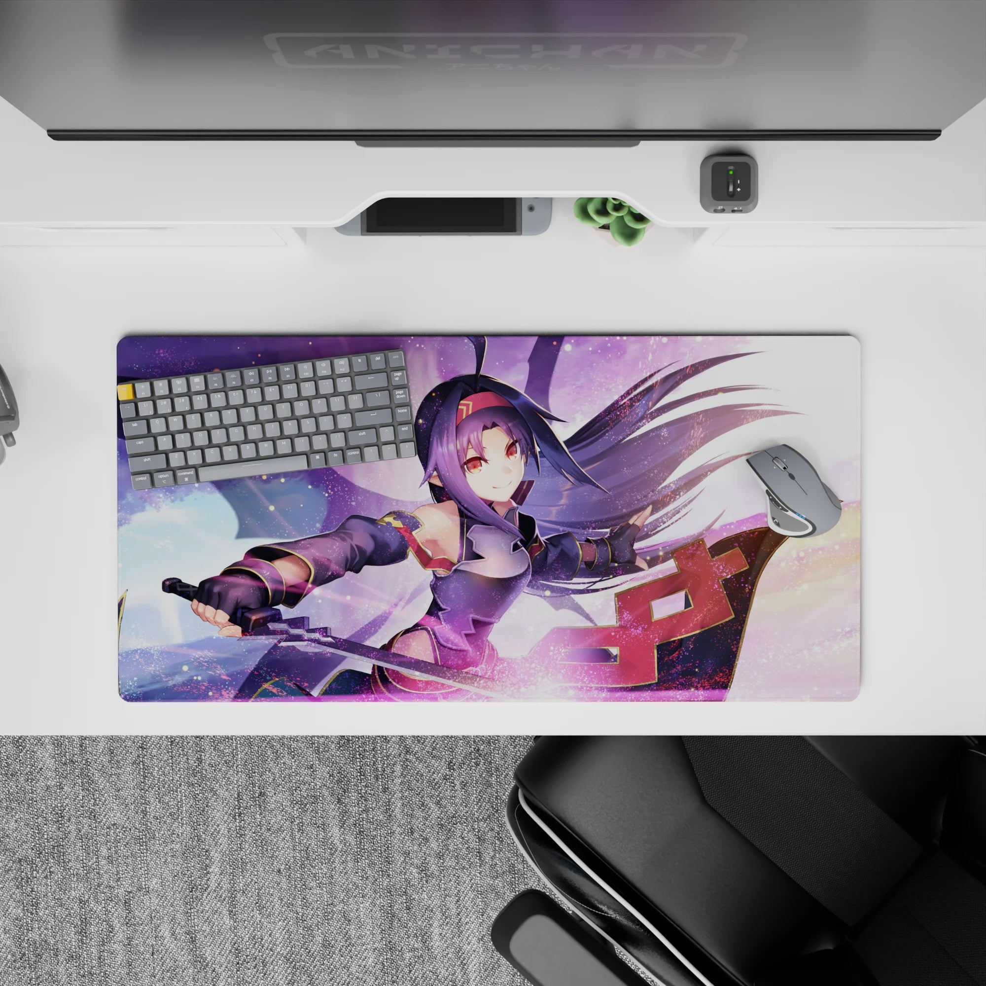 Yuuki anime mouse pad 32x16 inches with vibrant colors and her sword slicing through a dreamy, magical sky.
