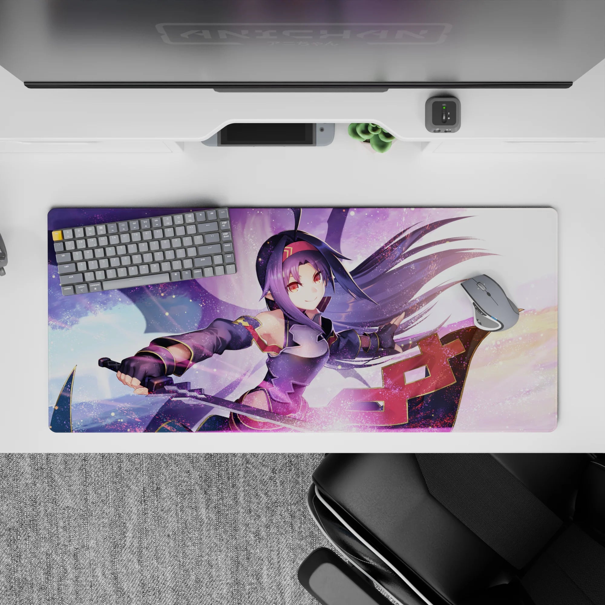 Yuuki anime desk pad 36x16 inches featuring vibrant lavender, pink, and gold with magical sword scene.
