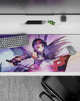 Yuuki anime desk pad 36x16 inches featuring vibrant lavender, pink, and gold with magical sword scene.