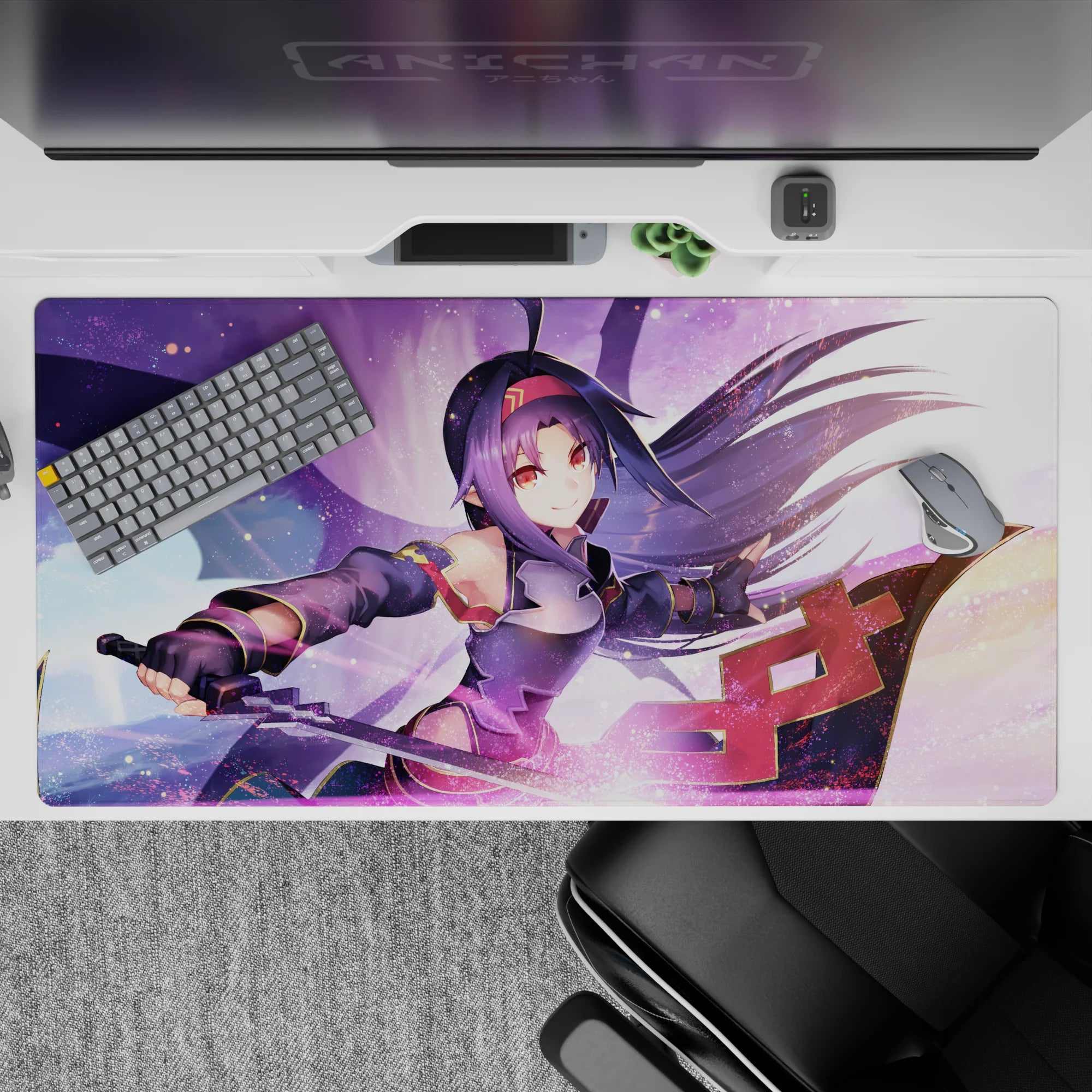 Yuuki anime desk pad 40x20 inches featuring her sword slicing through a dreamy sky with vibrant colors and magic sparks.