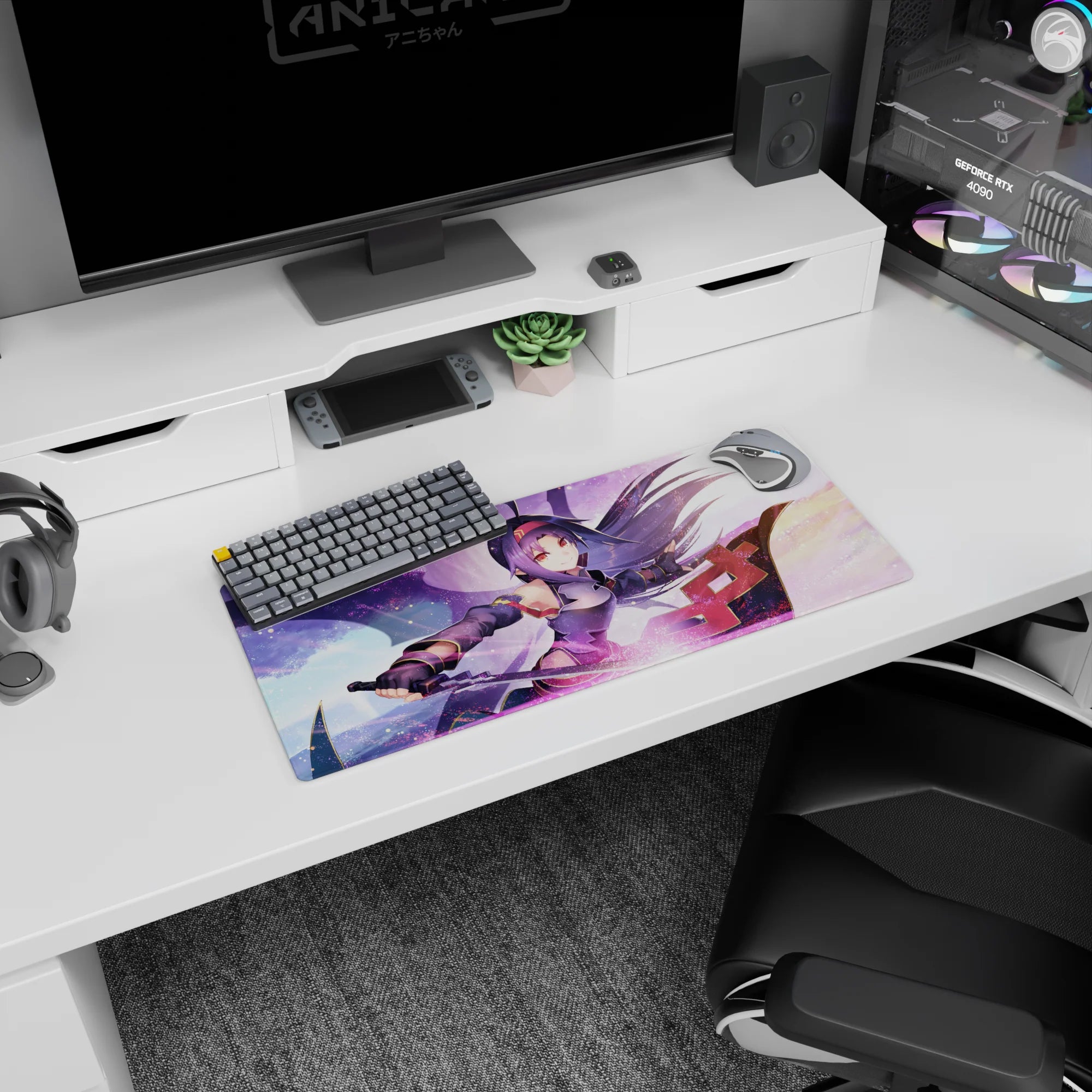 Yuuki anime mouse pad with sword slicing through lavender, pink, and gold sky, size 28x12 inches, vibrant and lively design.