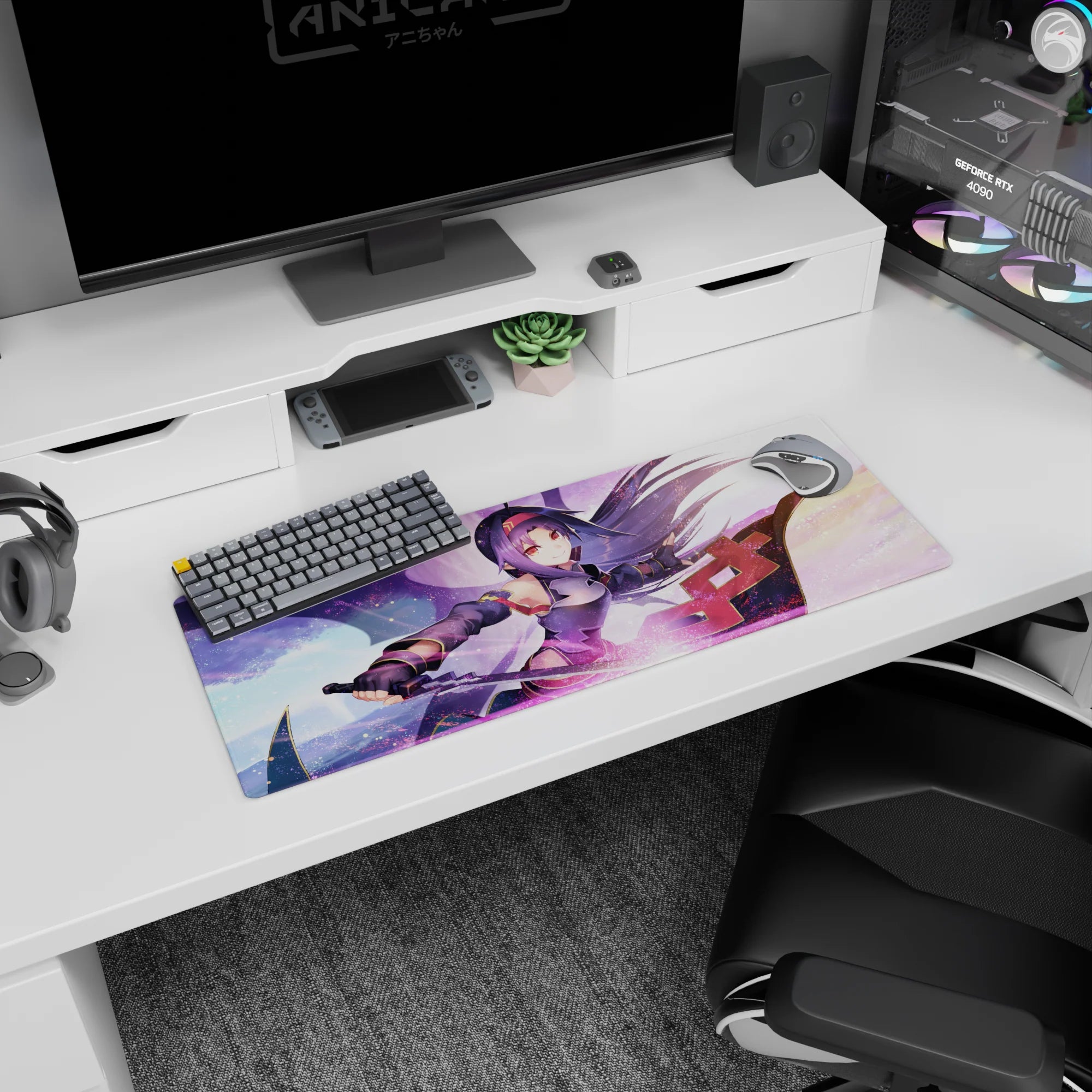 Yuuki anime mouse pad, size 32x12 inches, features vibrant swirls of lavender, pink, and gold with a dreamy sword scene.