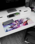 Yuuki anime mouse pad, size 32x12 inches, features vibrant swirls of lavender, pink, and gold with a dreamy sword scene.