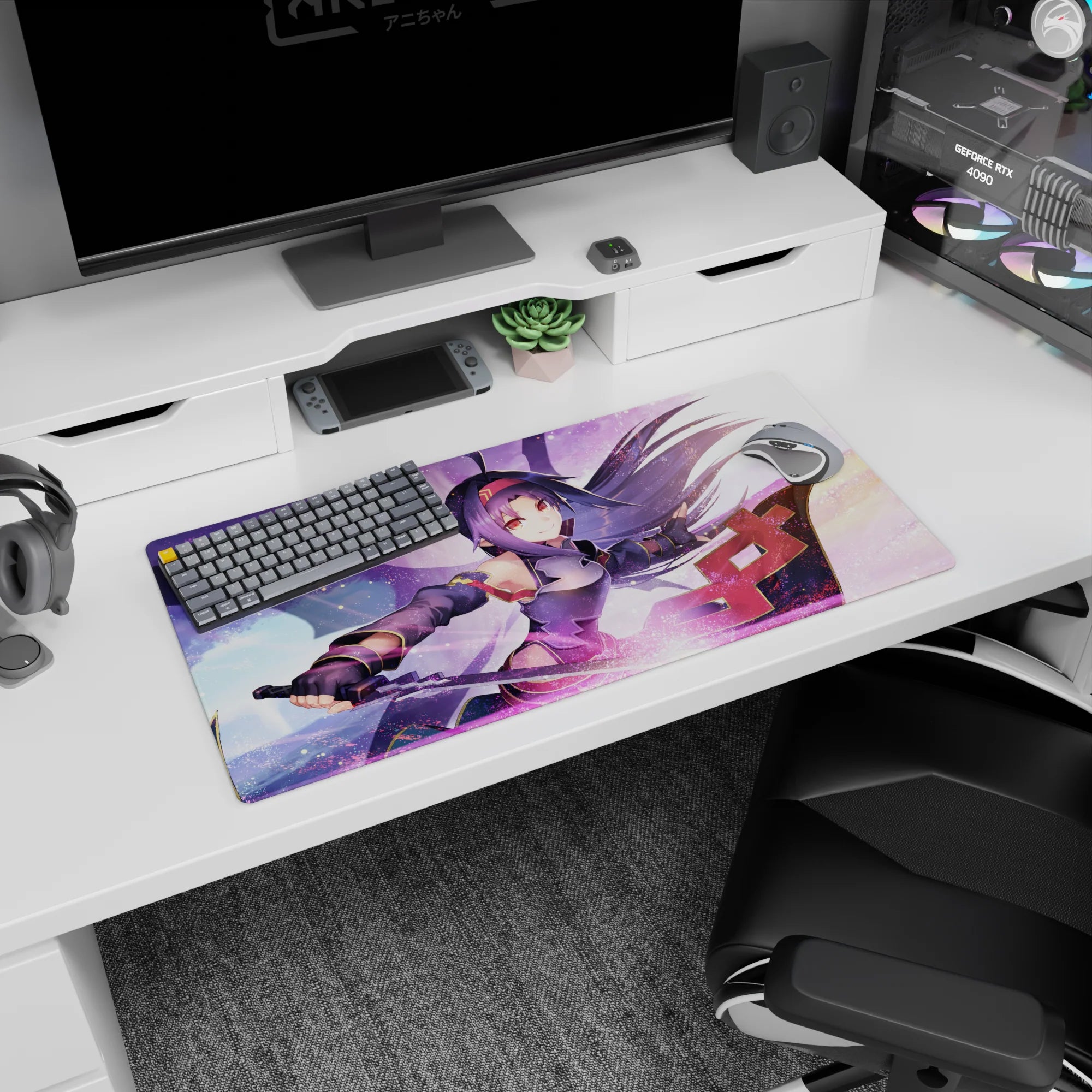 Mouse pad featuring Yuuki from anime, 32x16 inches. Vibrant colors and dynamic sword action in a dreamy sky setting.