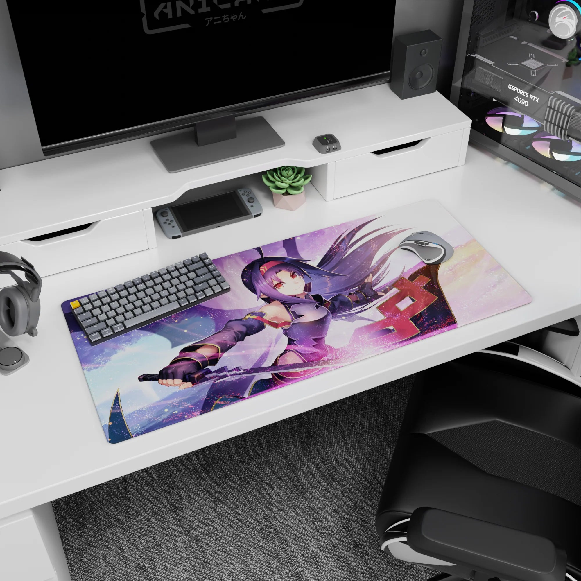 Anime desk pad 36x16 inches featuring Yuuki with vibrant colors and magical sword trail, capturing her lively energy.