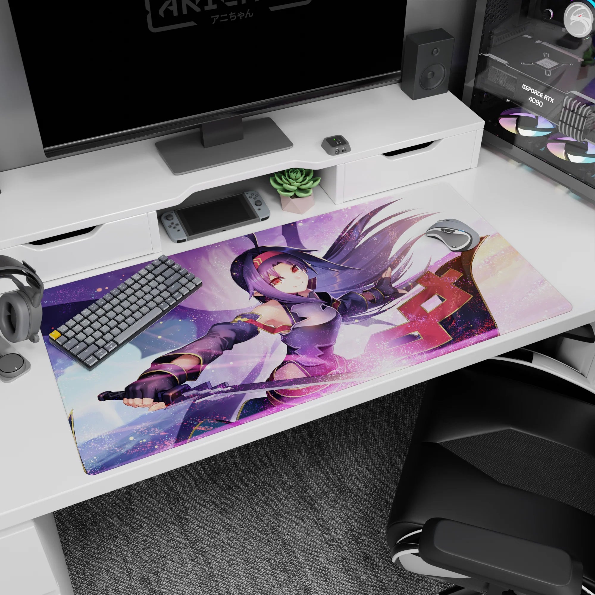 Anime desk pad featuring Yuuki wielding her sword, 40x20 inches. Swirling lavender, radiant pink, and soft gold hues.