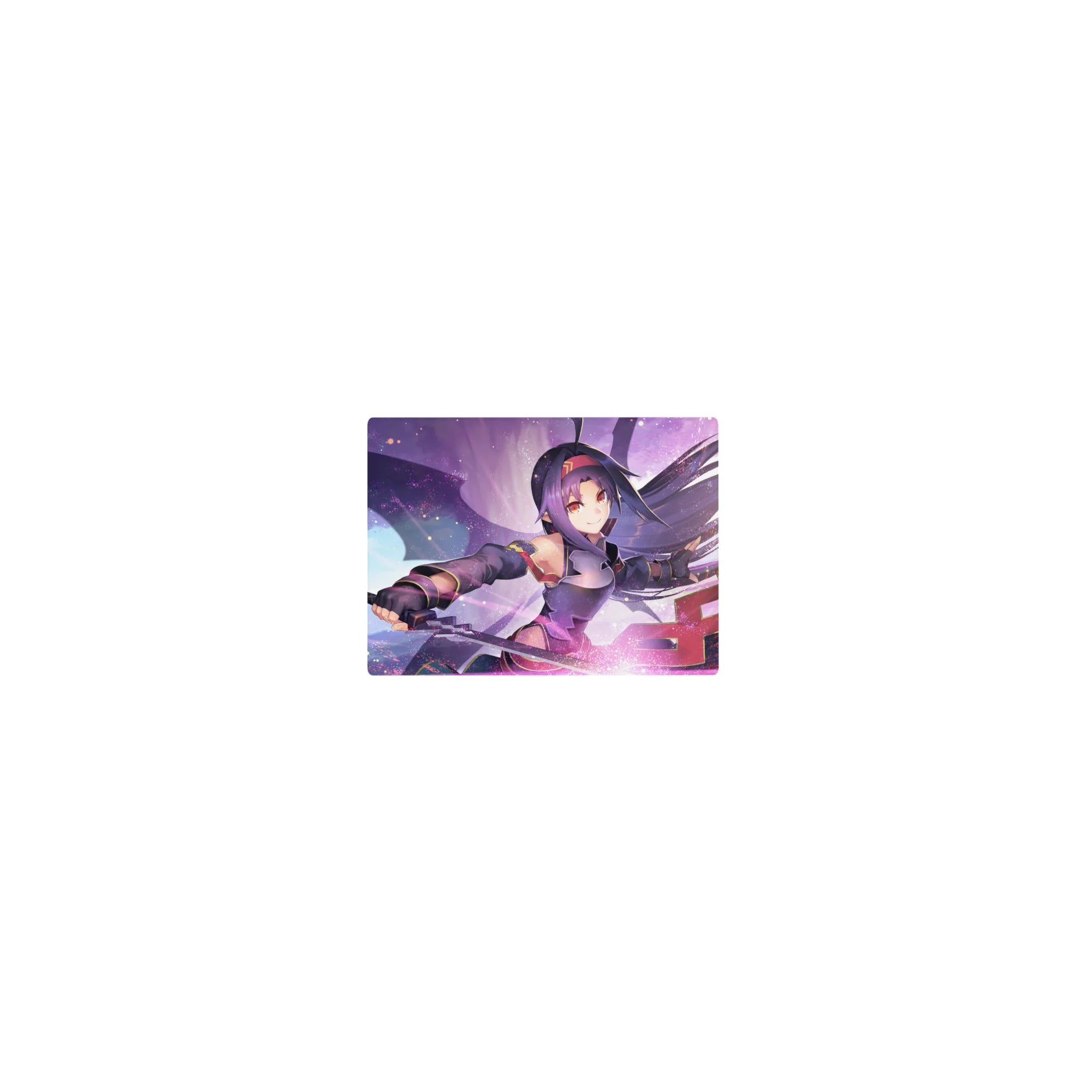 Yuuki from anime on mouse pad, 14x10 inches, with vibrant colors and sword slicing through a dreamy, magical sky.