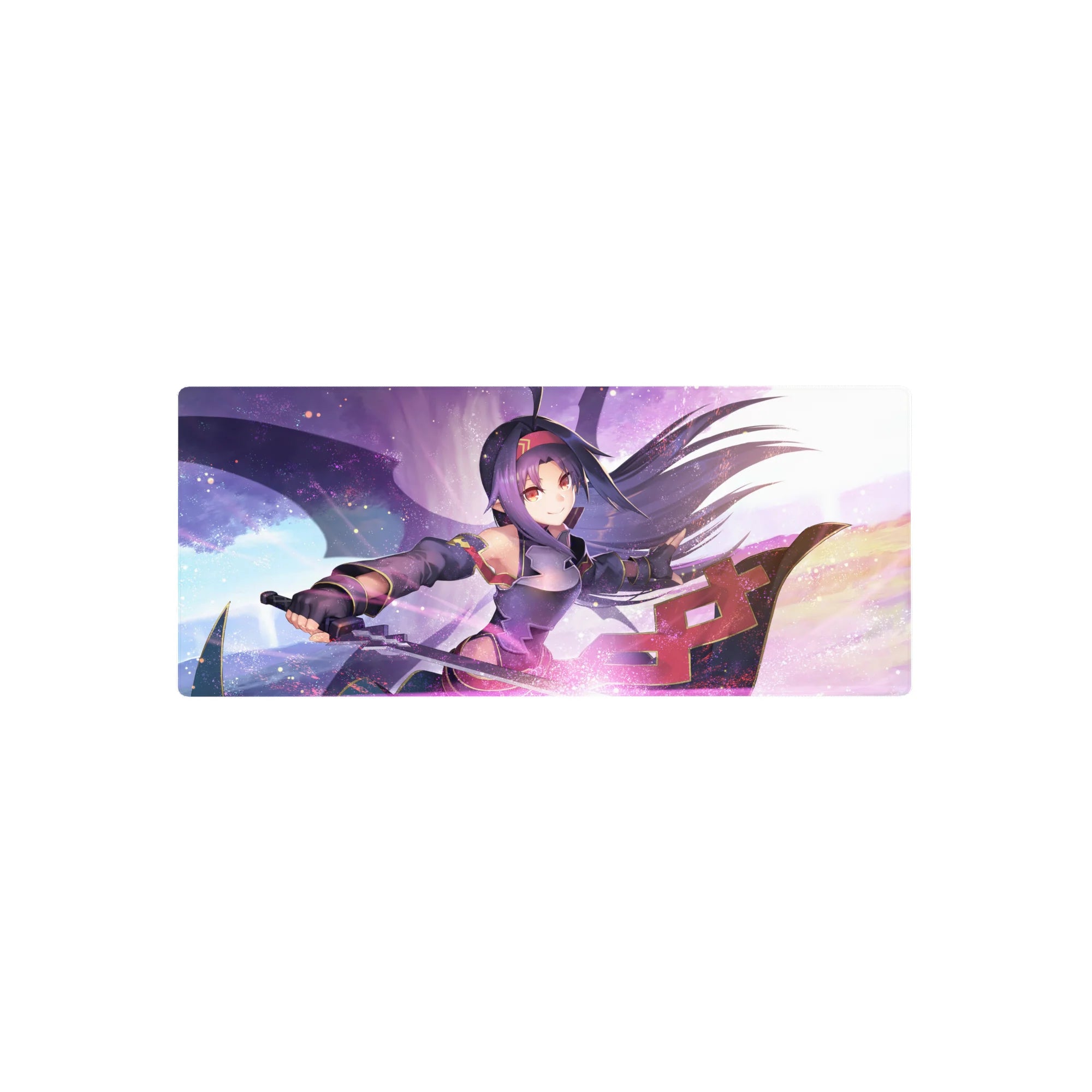 Yuuki anime mouse pad, 28x12 inches, showcasing her vibrant energy with lavender, pink, and gold, sword slicing through a dreamy sky.