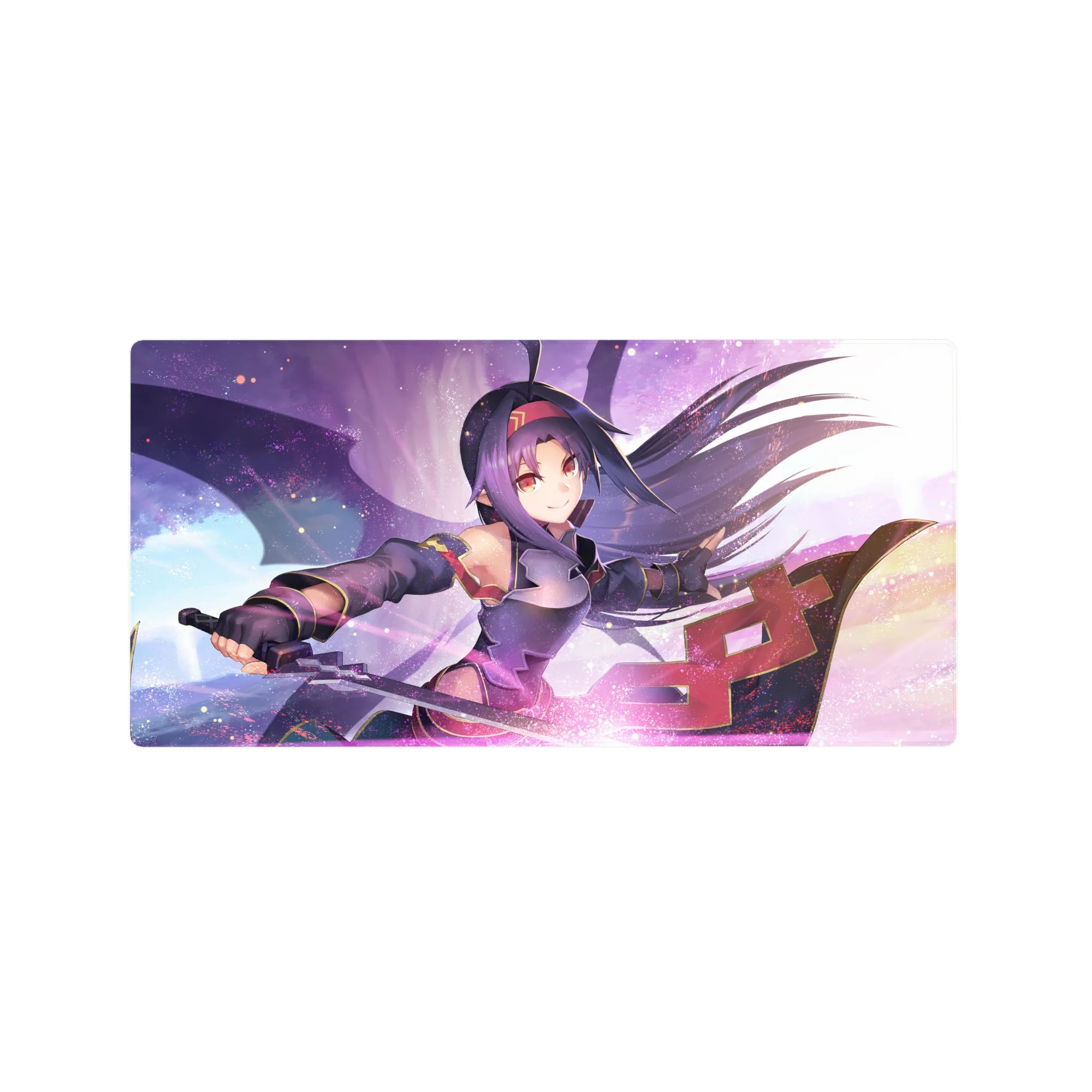 Yuuki anime mouse pad, 32x16 inches, features vibrant colors with sword slicing through a dreamy sky haze, magical and alive.