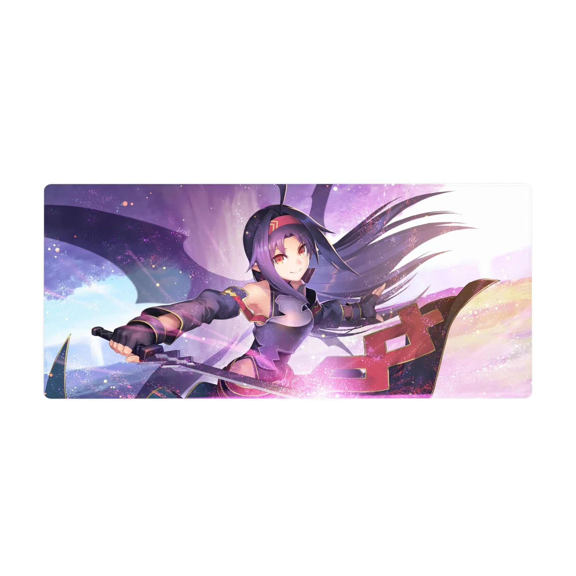 36x16 inches anime mouse pad featuring Yuuki, vibrant colors, her sword slicing through a dreamy sky, magic sparks trail.