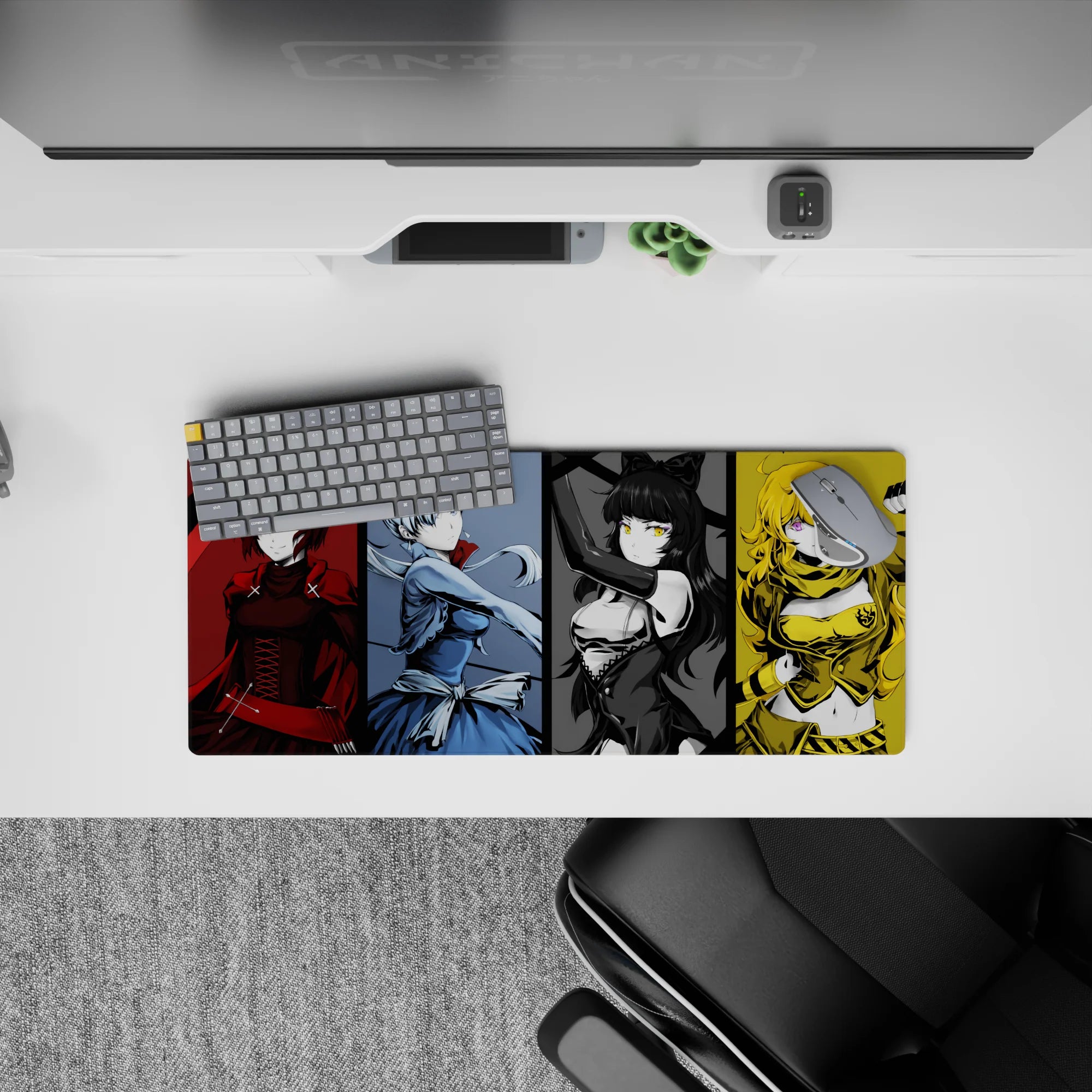 28x12 inches anime girl mouse pad in crimson, icy blue, black-gold, and sunny yellow for a fierce vibe.