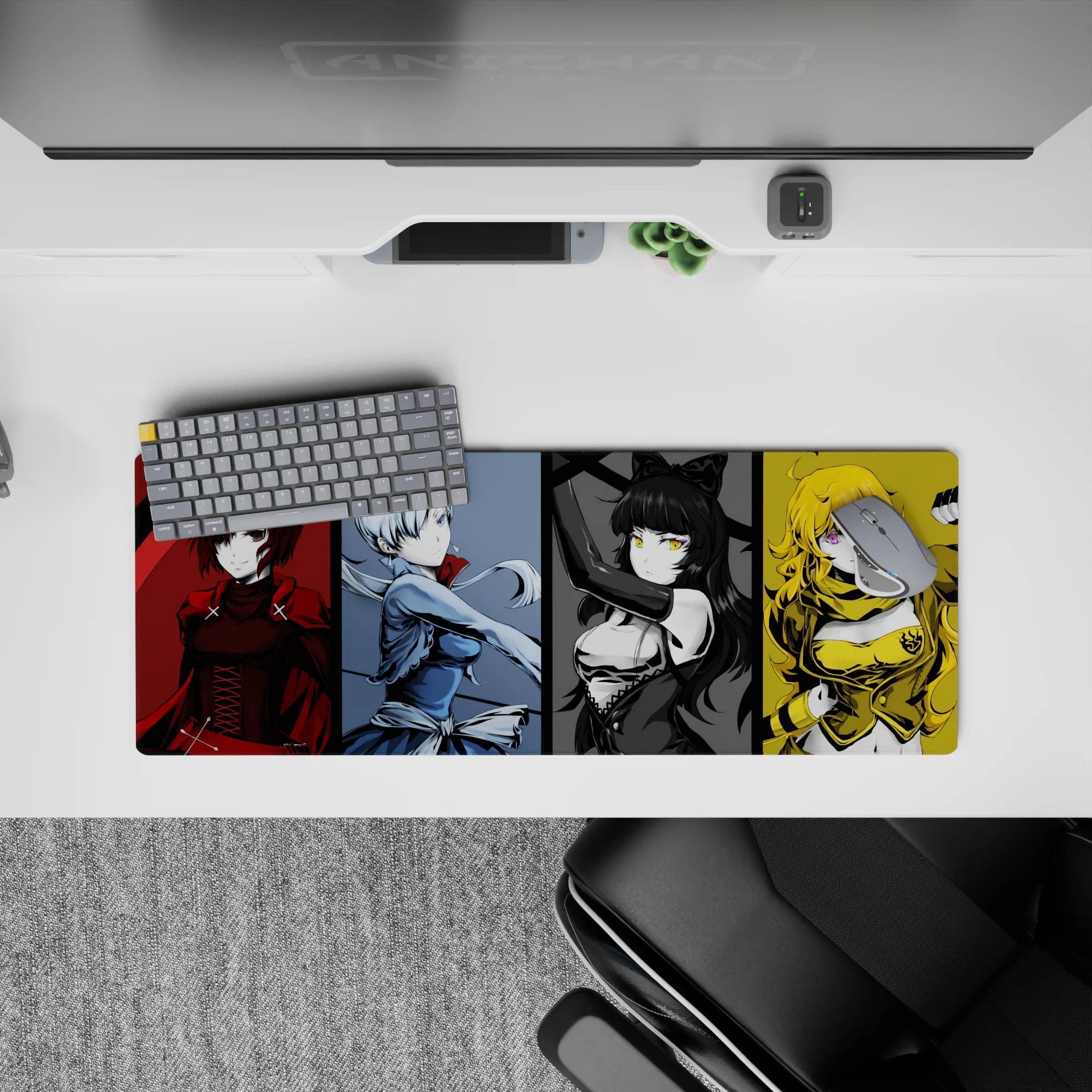32x12 inches anime girl mouse pad in crimson, icy blue, black-and-gold, and sunny yellow, fierce vibe.