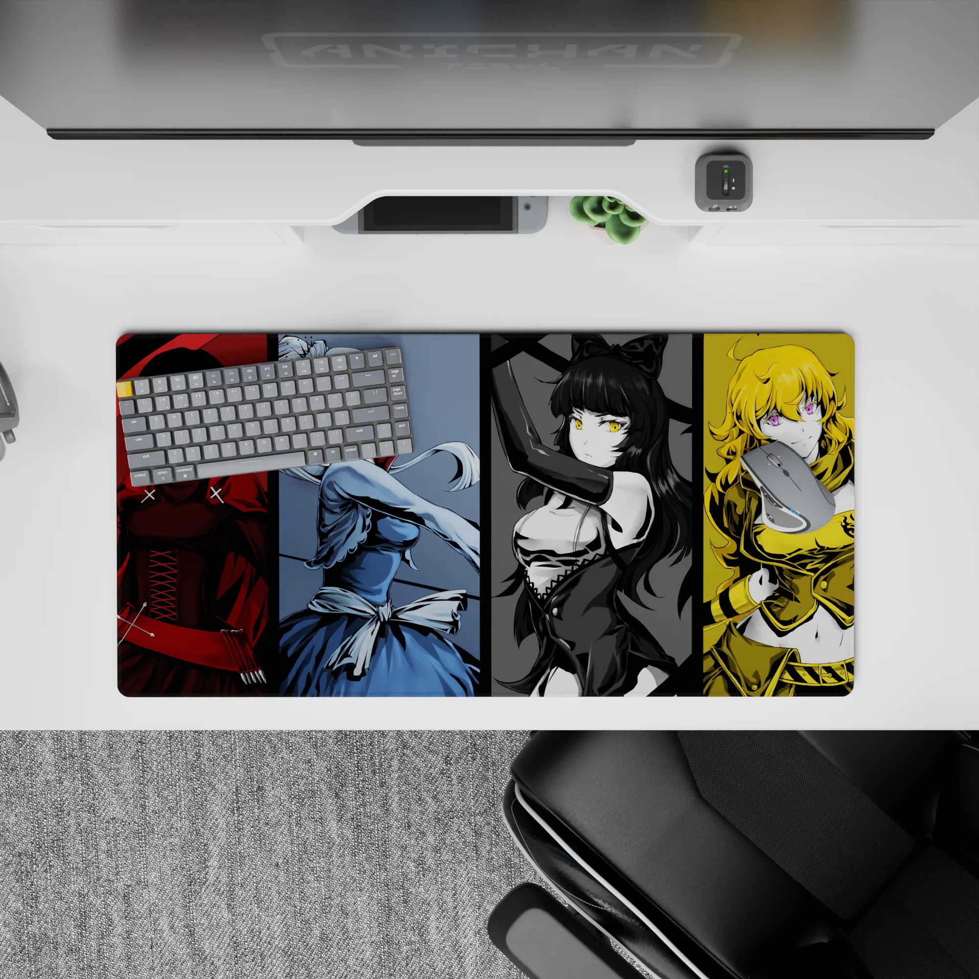 32x16 inches anime girl mouse pad in crimson, icy blue, black-gold, and sunny yellow for a fierce vibe.