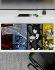32x16 inches anime girl mouse pad in crimson, icy blue, black-gold, and sunny yellow for a fierce vibe.