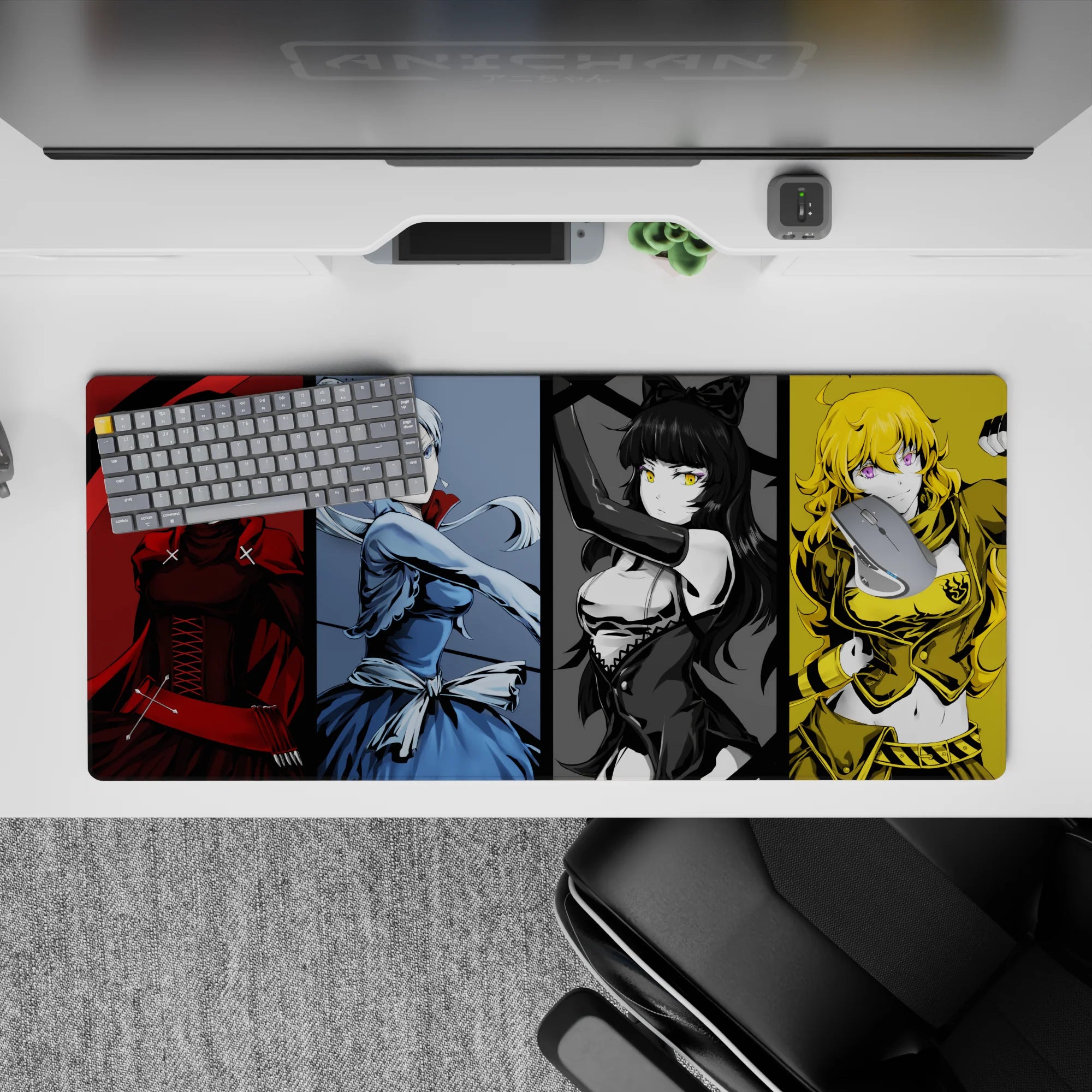 36x16 inches anime girl desk pad in crimson, icy blue, black-gold, and sunny yellow for a bold vibe.