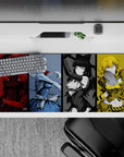 36x16 inches anime girl desk pad in crimson, icy blue, black-gold, and sunny yellow for a bold vibe.