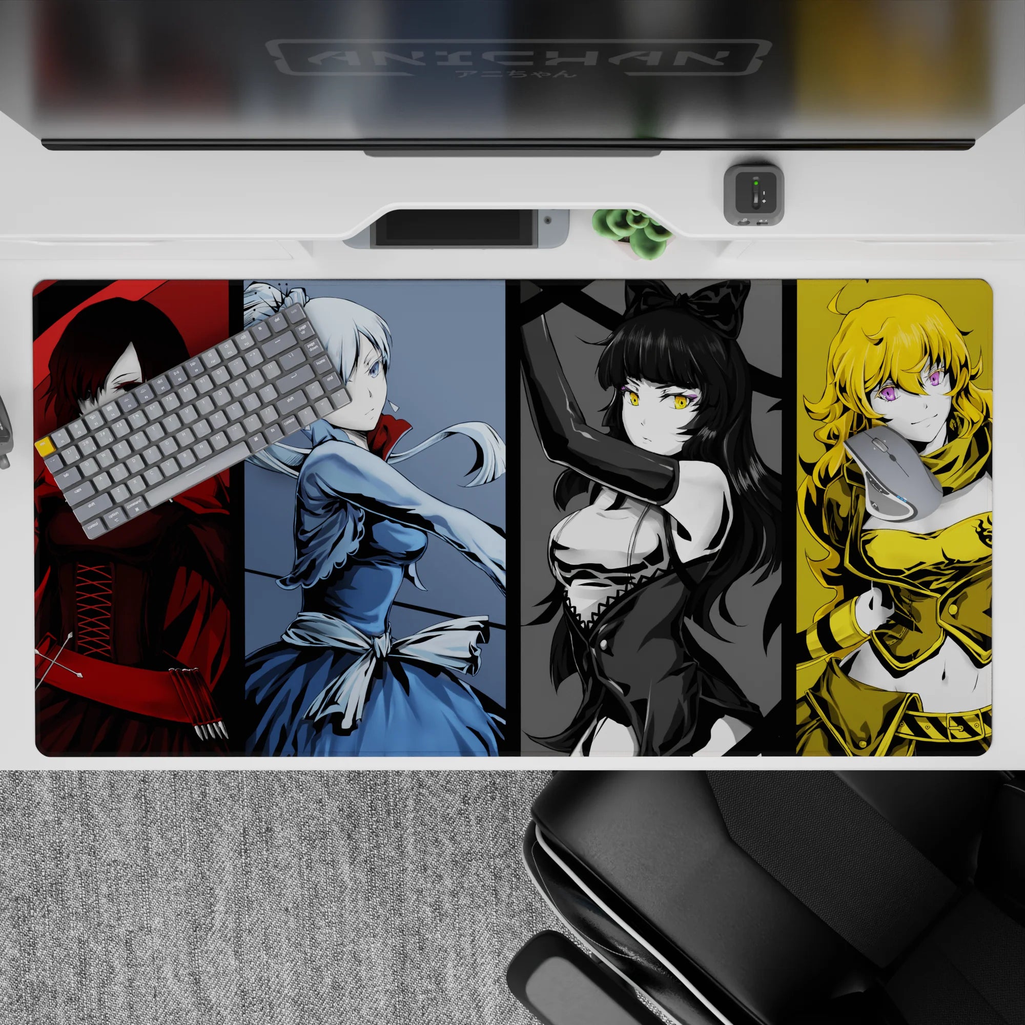 Crimson, icy blue, black-and-gold, and sunny yellow anime desk pad 40x20 inches with sharp vibe.