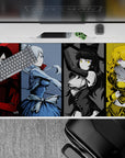Crimson, icy blue, black-and-gold, and sunny yellow anime desk pad 40x20 inches with sharp vibe.