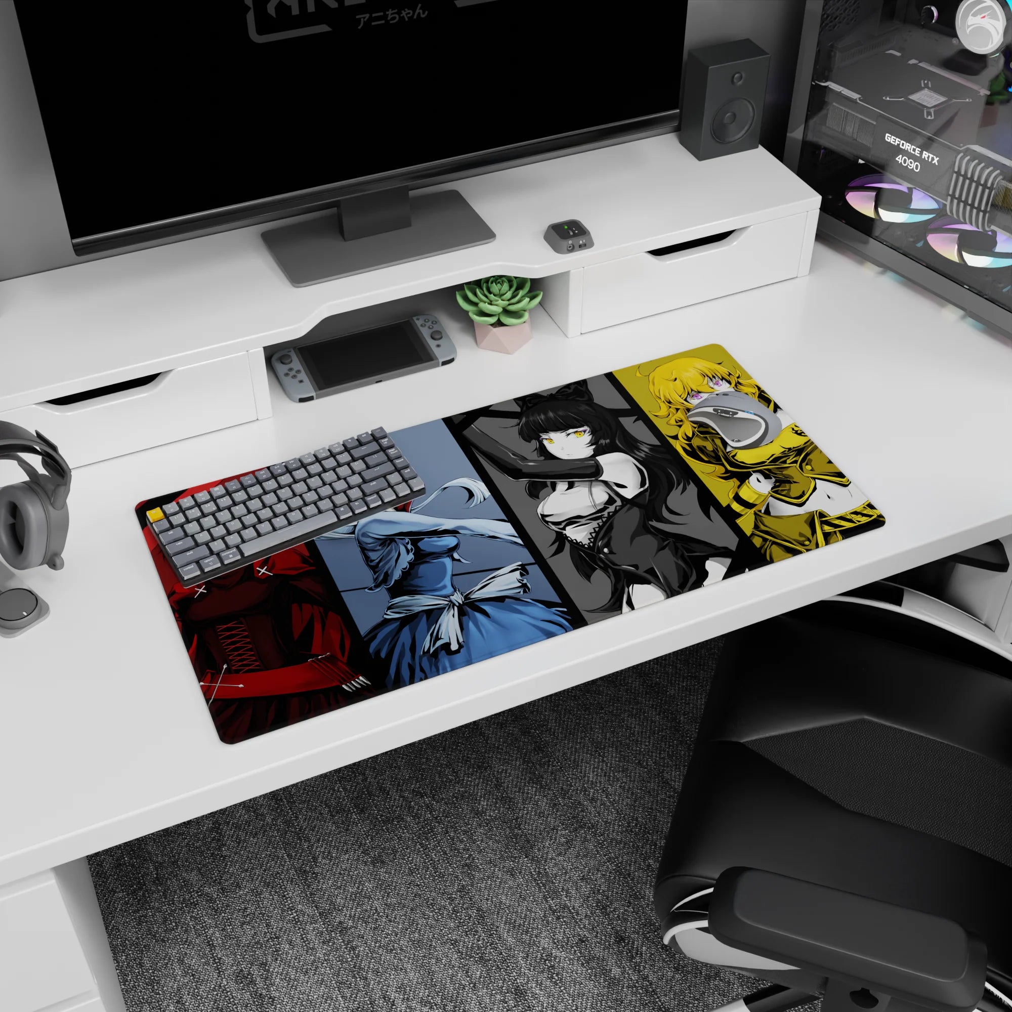 32x16 inches anime girl mouse pad showing four fierce heroines: red cloak corset, blue swirl dress, black ribbon.