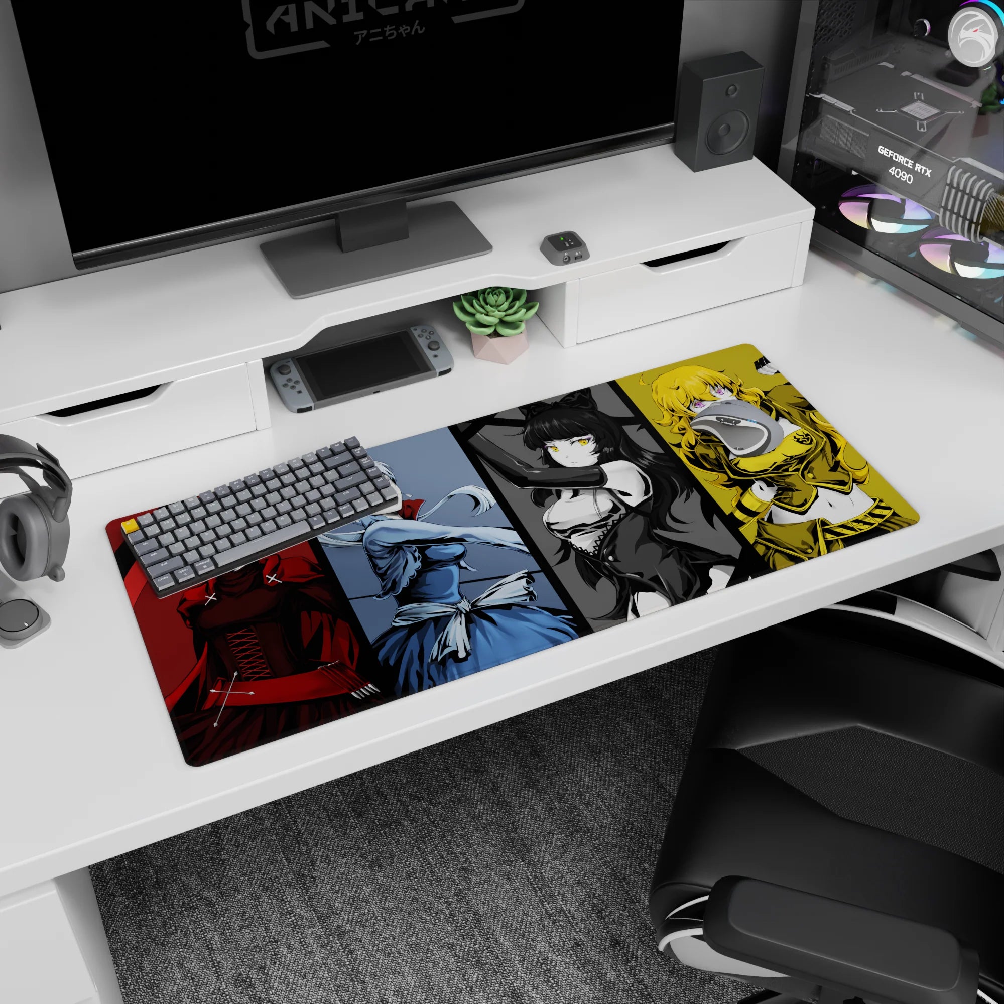 36x16 inches anime girl desk pad showing four fierce girls: red cloak corset, blue dress, black ribbon, yellow scarf.