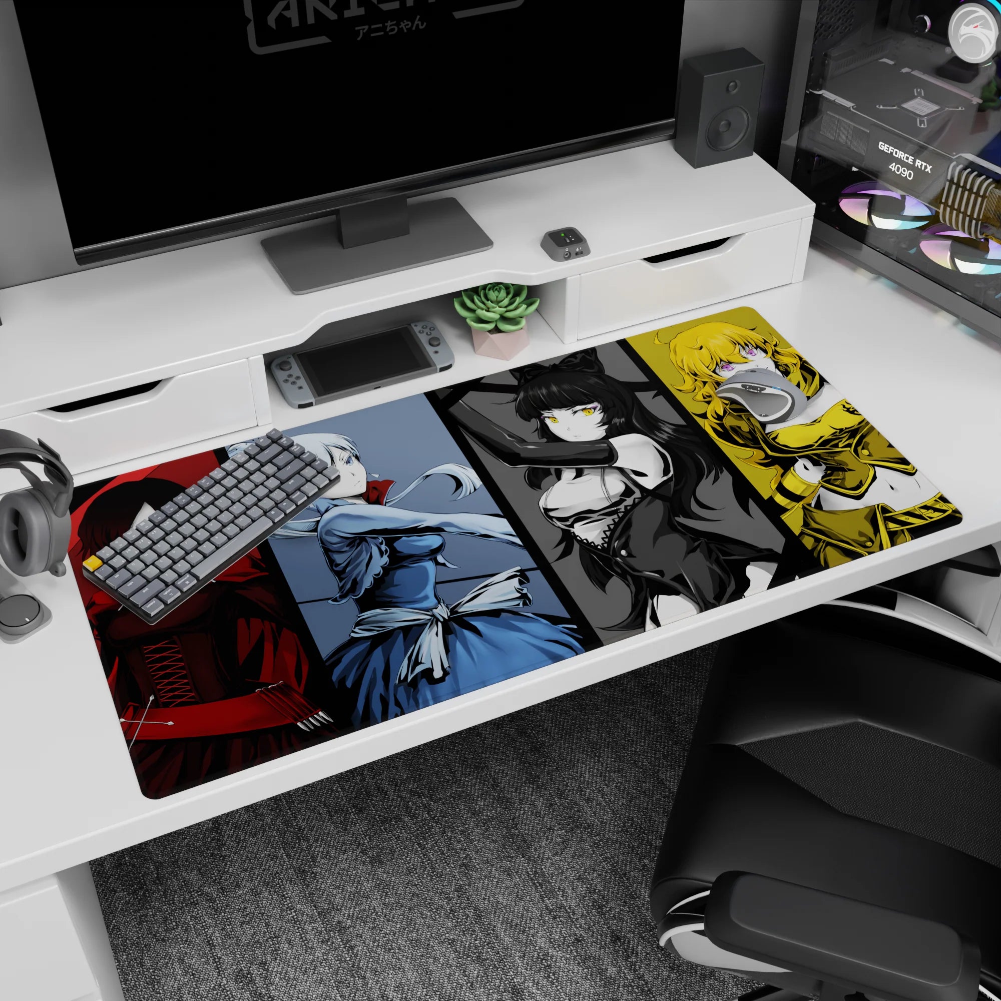 Crimson-cloaked anime girl with laced corset leads four-girl scene desk pad 40x20 inches.