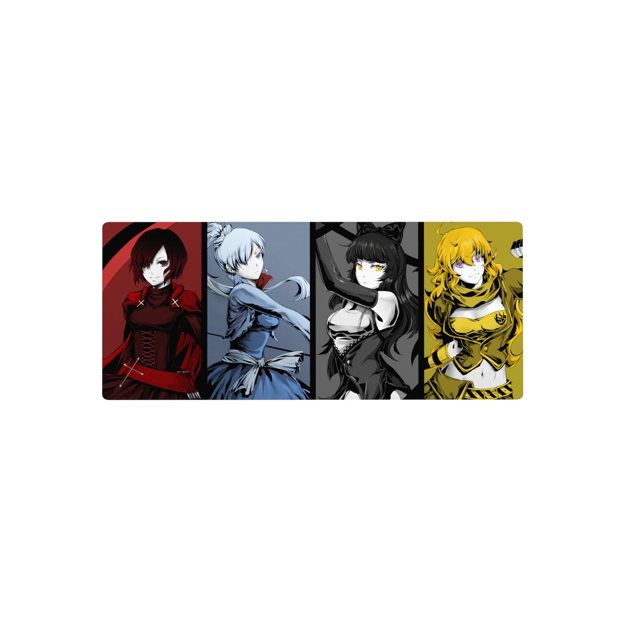 28x12 inches anime girl mouse pad with four heroines in bold vertical poster panels, clean layout.