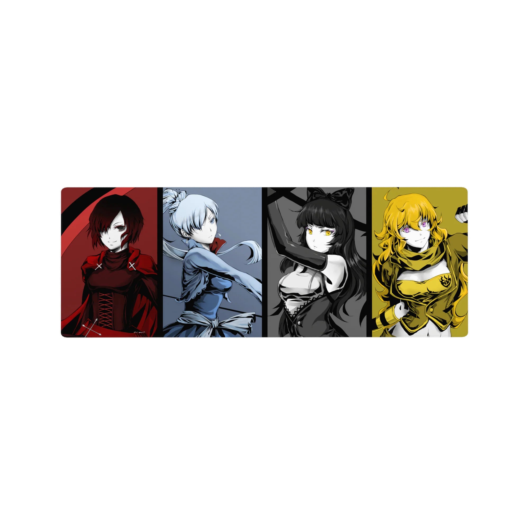 Anime girl mouse pad 32x12 inches with four girls in vertical poster panels, bold clean desk mat.