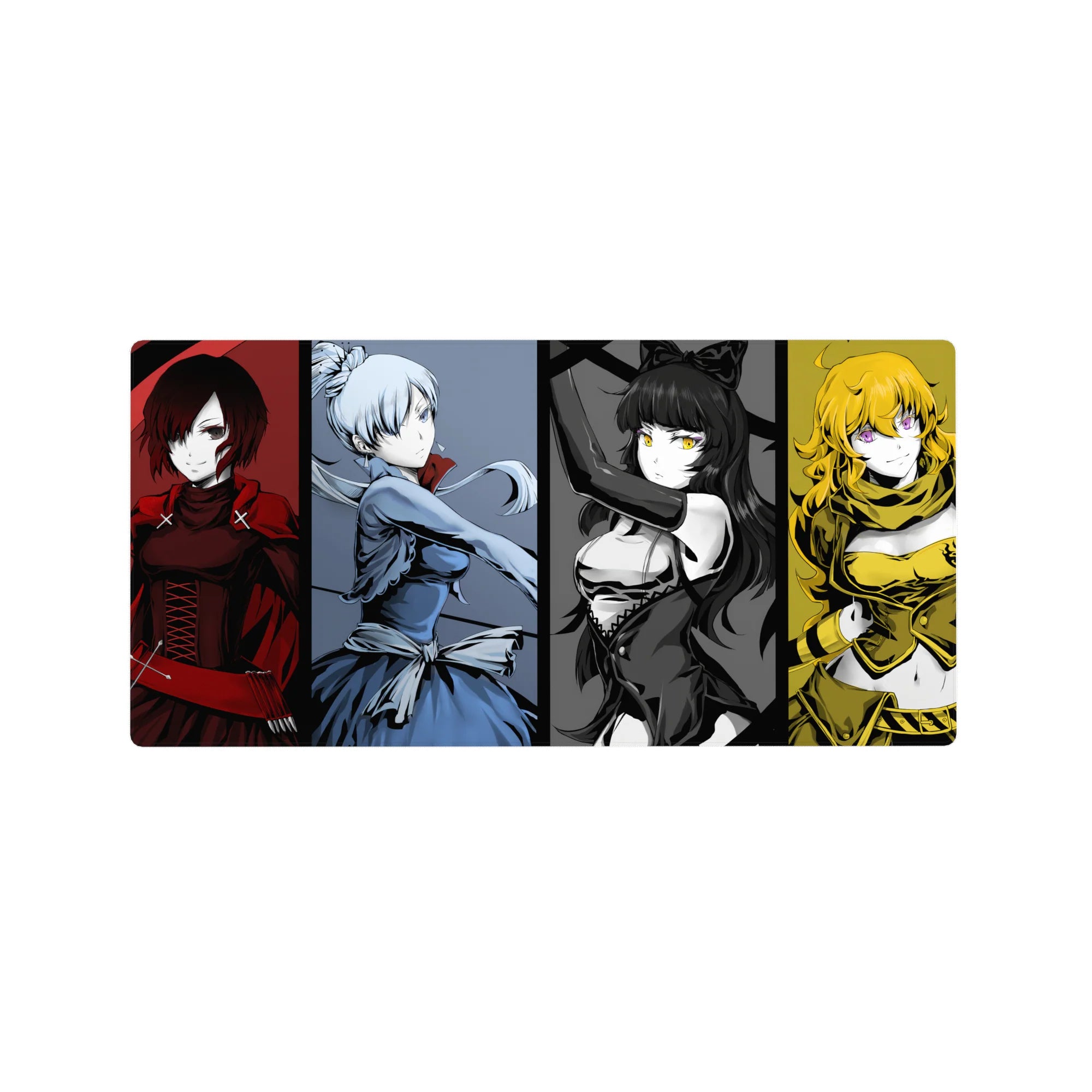 32x16 inches anime girl mouse pad with four girls in vertical poster panels, bold clean layout.