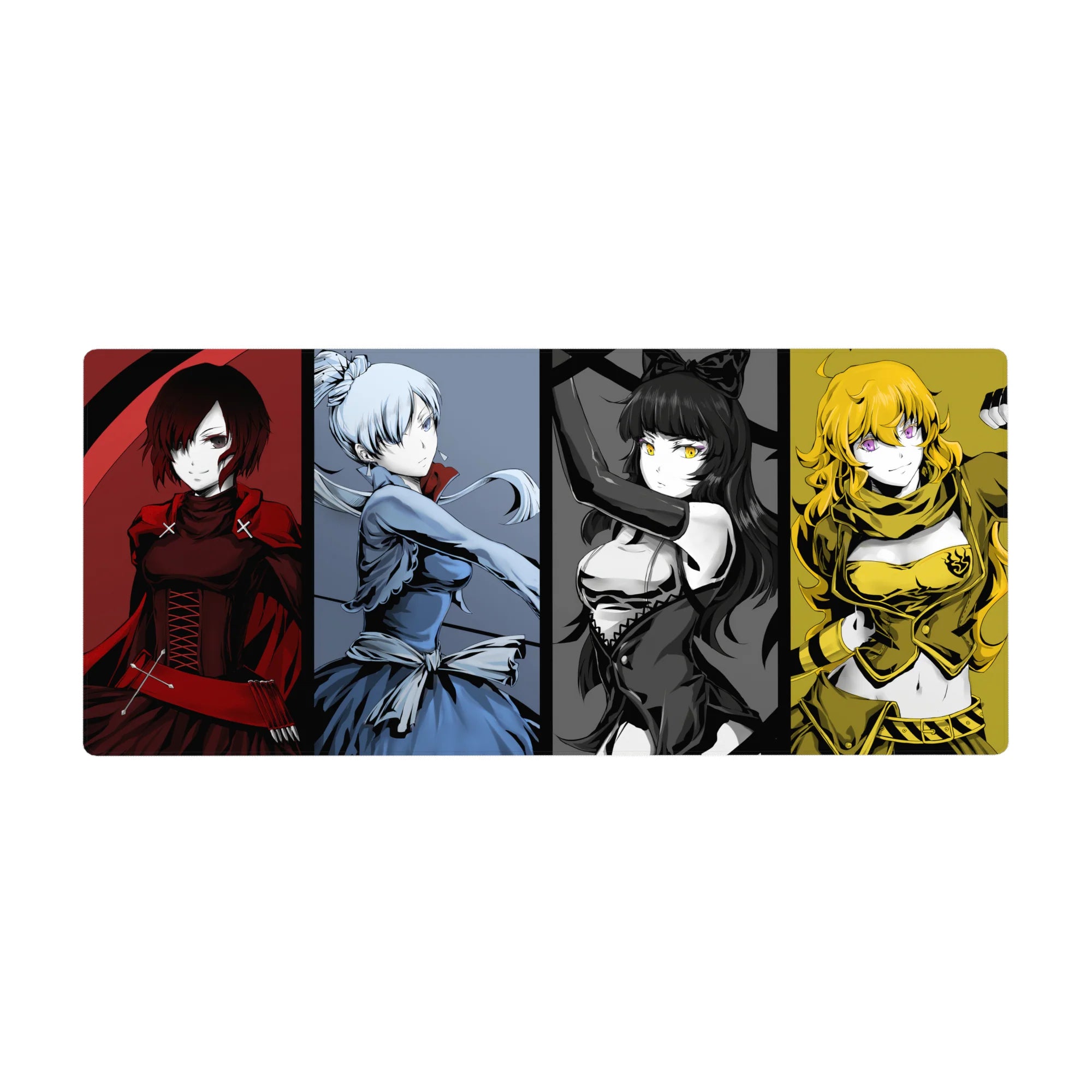 36x16 inches anime girl desk pad with four-girl vertical panel layout, bold poster-style desk mat.