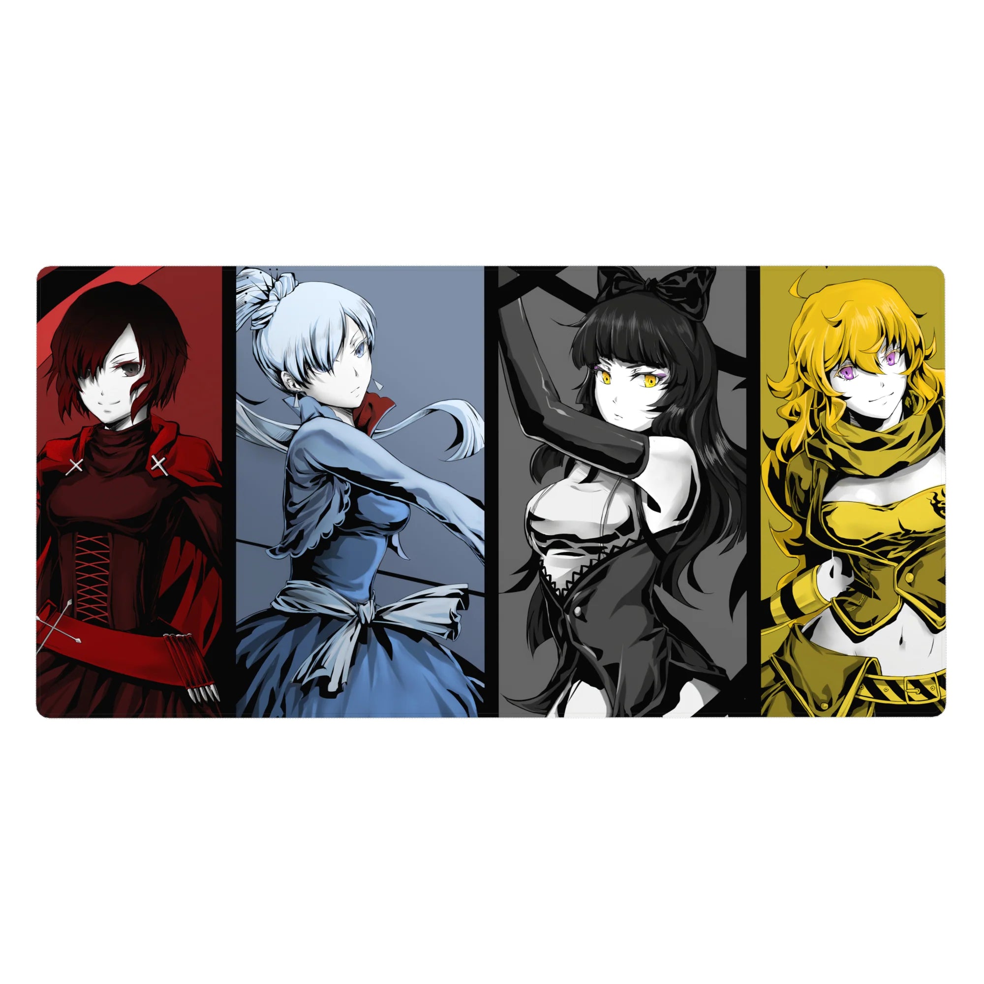 Vertical panel anime girl desk pad 40x20 inches, four fierce girls in bold mini poster layout.