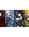 Vertical panel anime girl desk pad 40x20 inches, four fierce girls in bold mini poster layout.