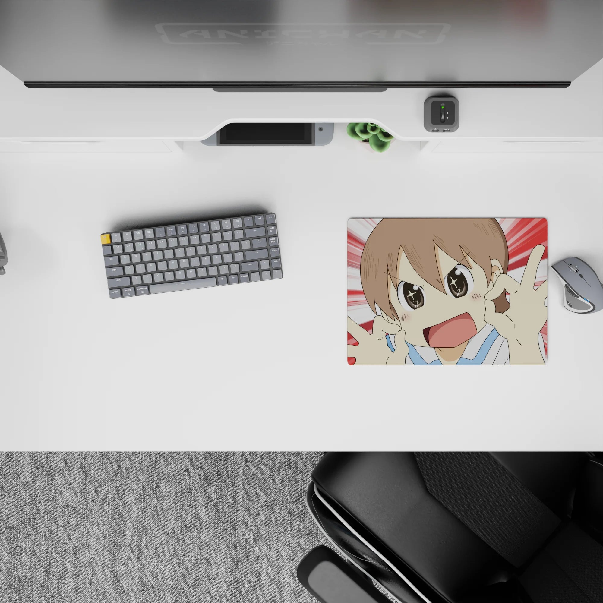 Red-and-white burst anime mouse pad 14x10 inches, bright cute vibe with sky-blue accents and sparkle eyes.