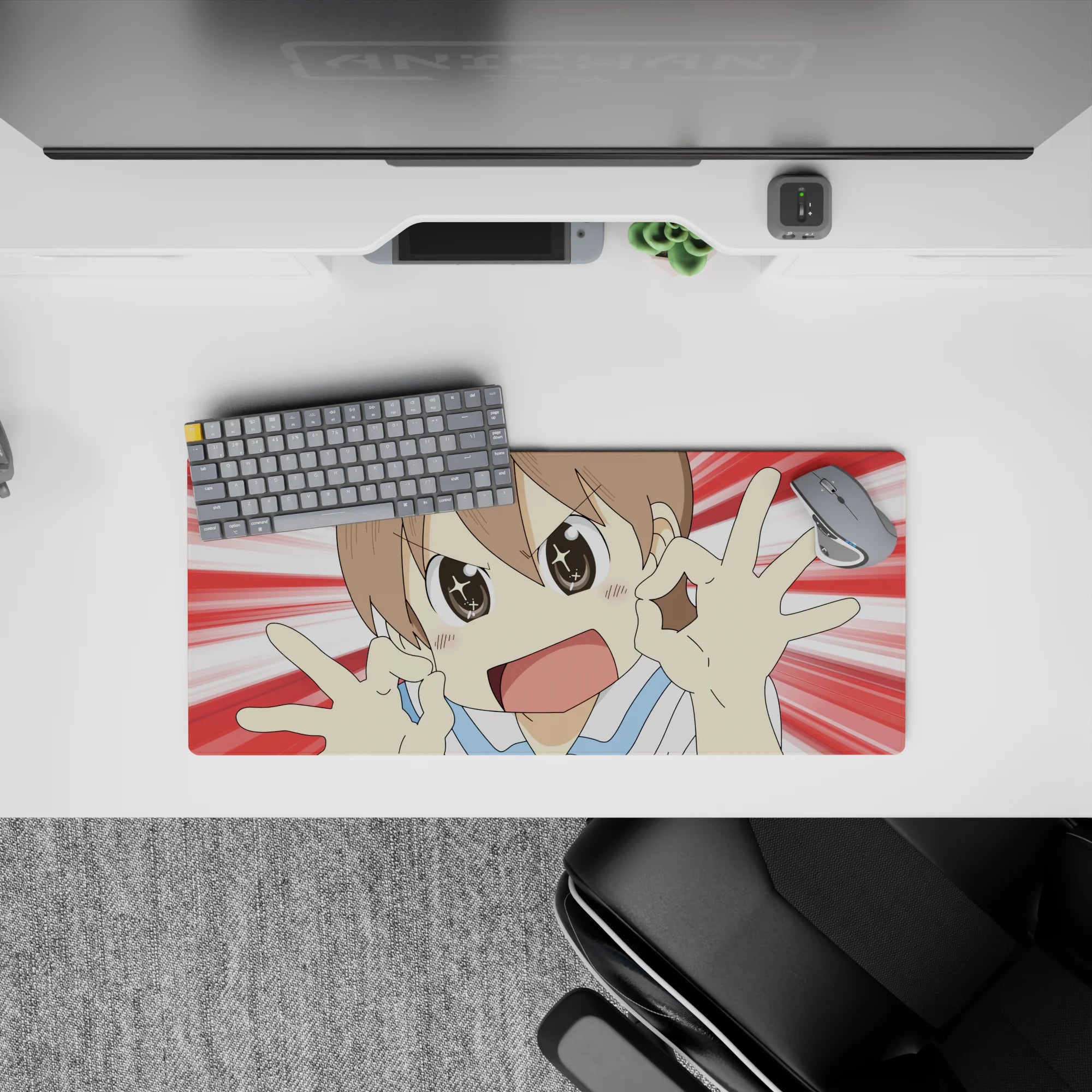 Red-and-white burst anime desk mat 28x12 inches, bright cheerful vibe with clean, vivid print.