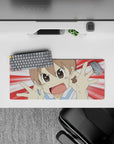 Red-and-white burst anime desk mat 28x12 inches, bright cheerful vibe with clean, vivid print.