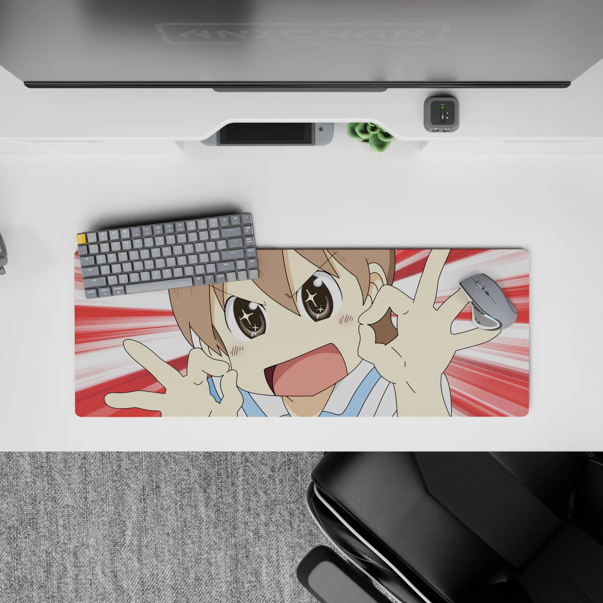 Bright red and white burst anime girl mouse pad 32x12 inches, cheerful vibe with bold clean print.